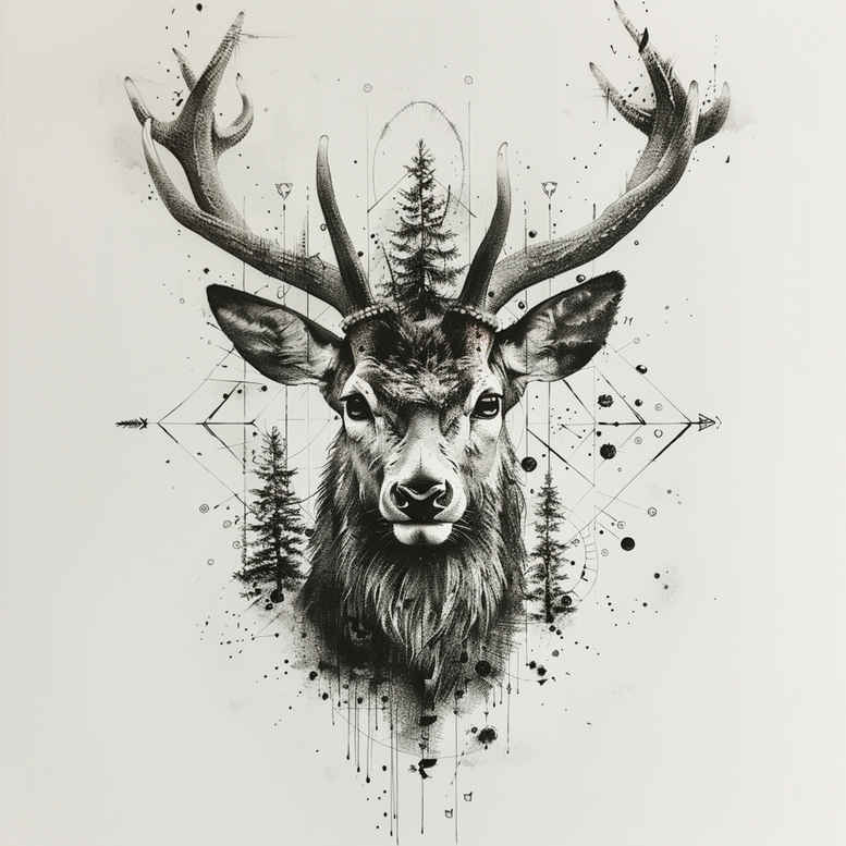 Deer head with antlers in black and grey ink, splatter background; tattoo project idea; cover-up-ready.