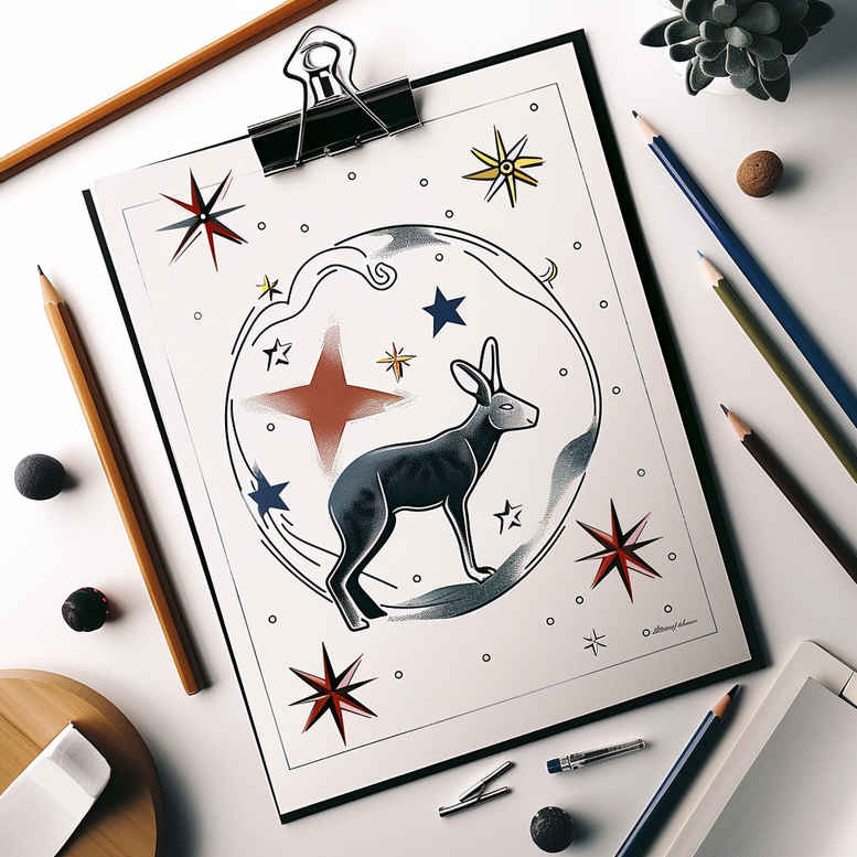 Black and grey tattoo concept featuring a cat inside a crescent moon, surrounded by stars within a circular frame; pencil sketch on paper, AI-generated tattoo project; suitable for cover-up.