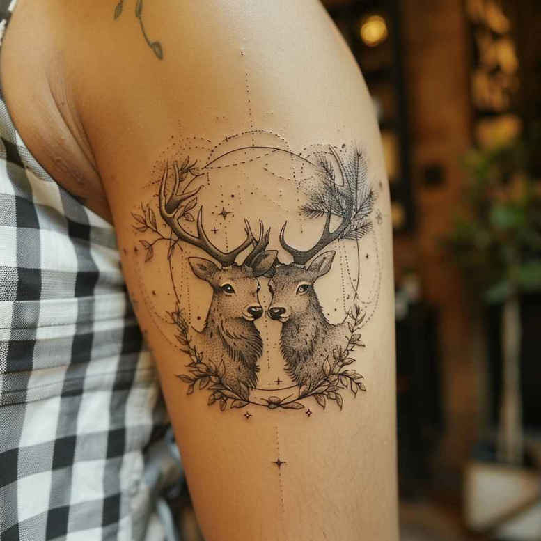 Deer head with antlers in black and grey ink on upper arm; cover-up friendly tattoo project.