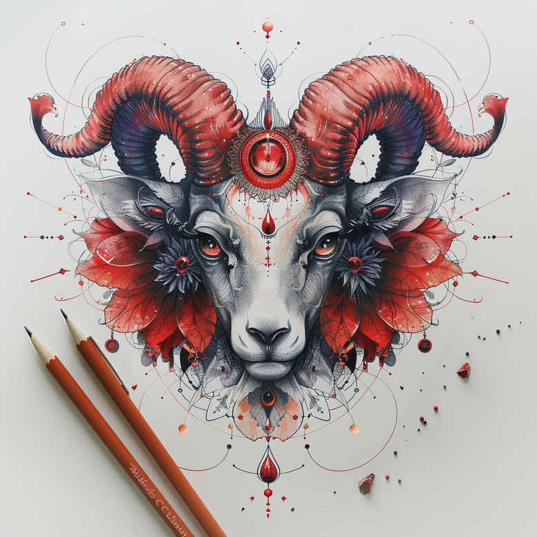 Ram skull with red flowers in black and grey geometric pattern; tattoo design concept for a cover-up project.