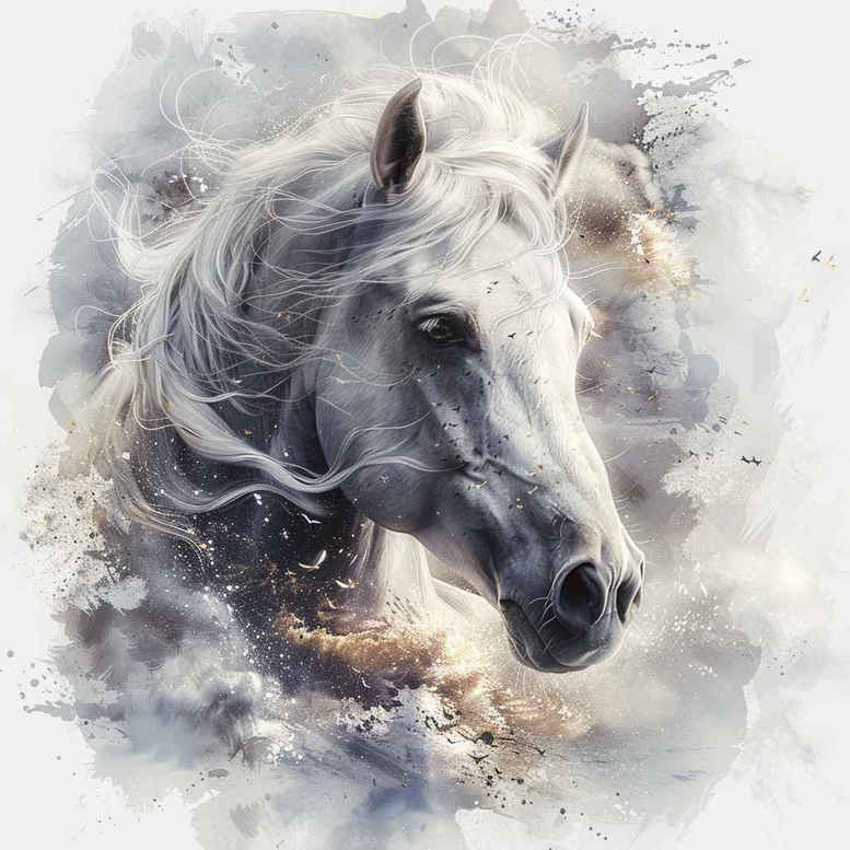 Horse head in white and gray watercolor style with soft splashes; tattoo project idea, not specifically suitable for cover-up.