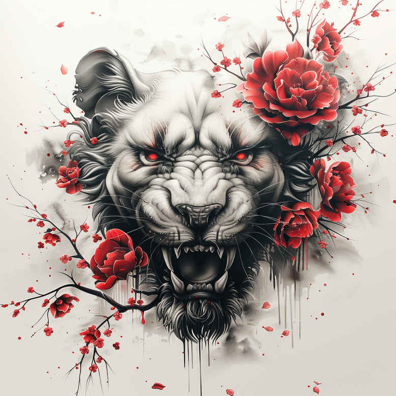 White tiger head in black and grey shading with red roses and splatter; tattoo design idea; cover-up ready.