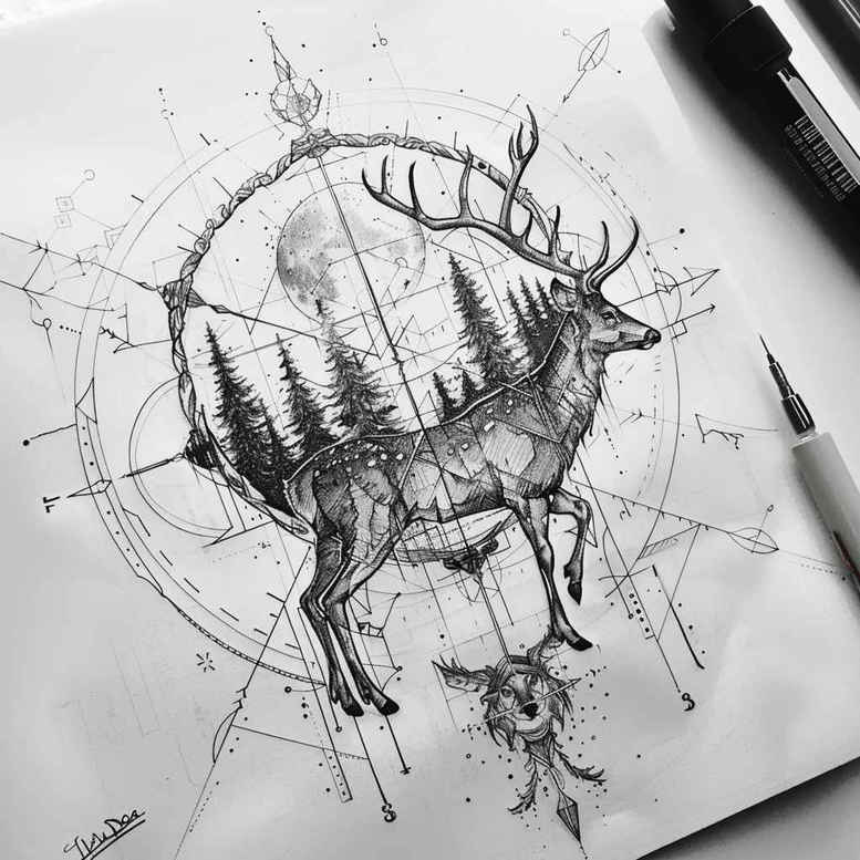 Deer skull with antlers in black and grey, circle mandala geometry; AI-generated tattoo project, suitable for cover-up.