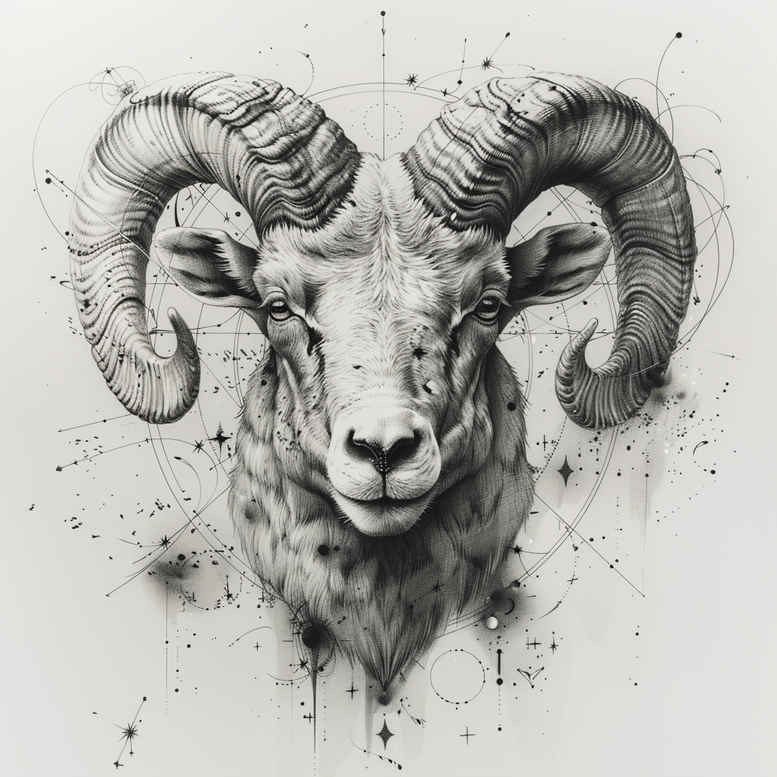 Ram head with horns in black and grey, ink splatter background; project idea for cover-up. Visible elements: ram head, horns, splatter.