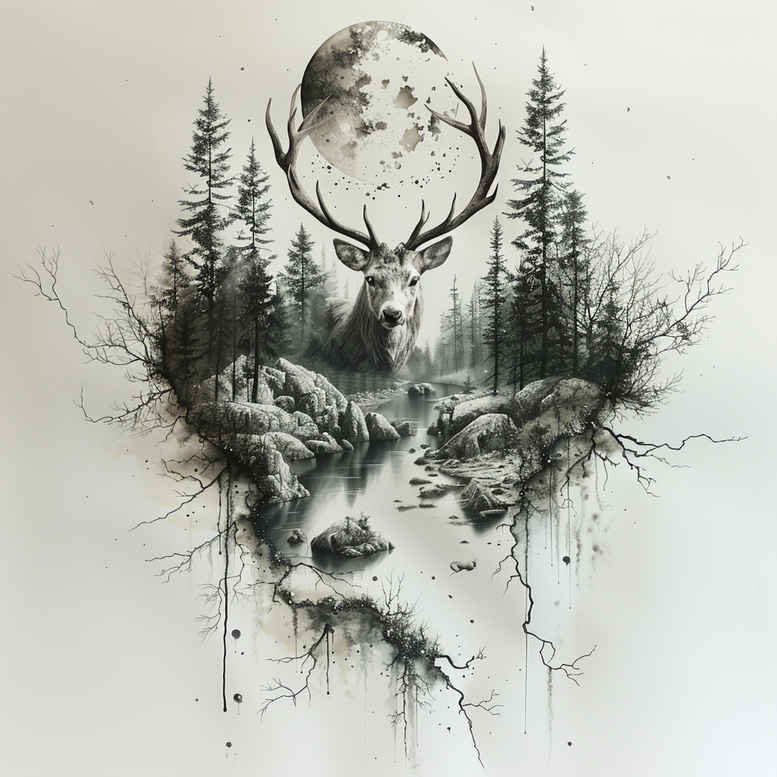 Face silhouette, moon, trees, branches, drip in black and grey; project for cover-up.