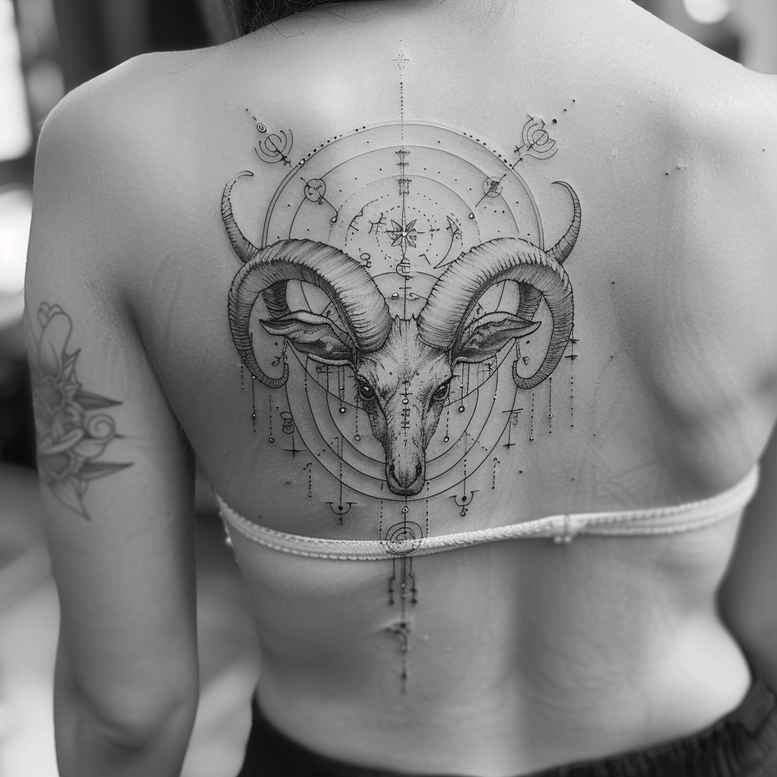 Back view of black and grey owl mandala tattoo with geometric pattern; cover-up-ready tattoo design concept.