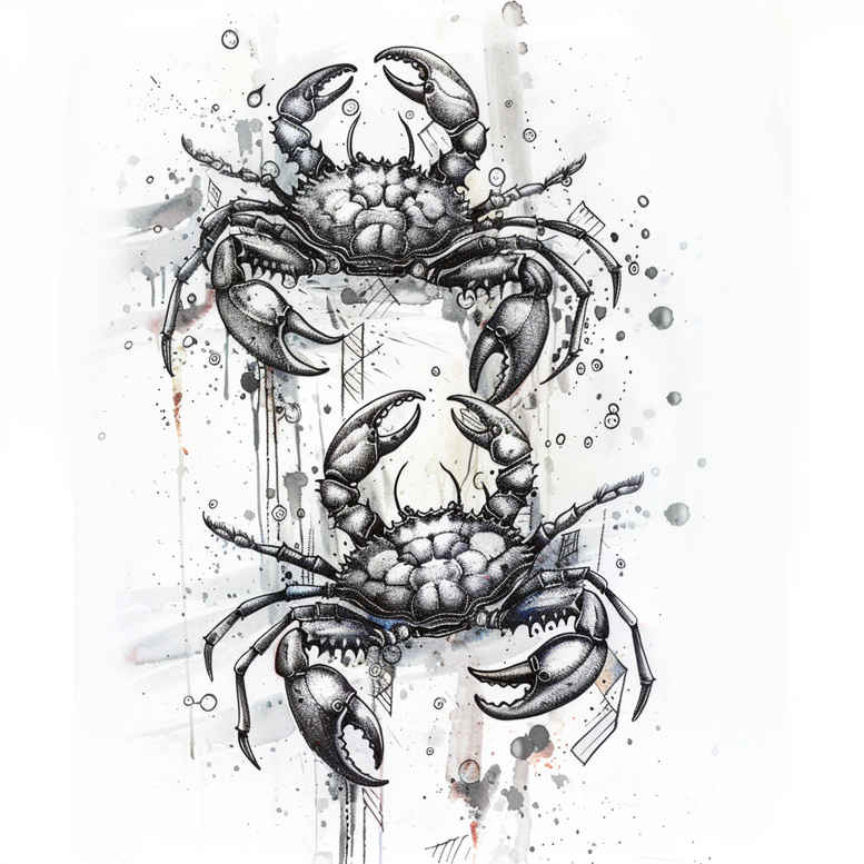 Two crabs in black and grey ink with fine line style and watercolor splatters; tattoo design idea, suitable for a cover-up: no.