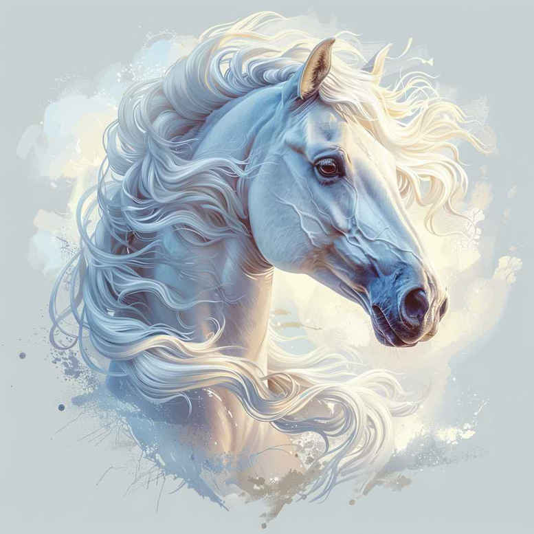 Horse head profile with flowing mane in blue-gray tones; AI-generated tattoo project idea in black and grey ink; suitable for cover-up.