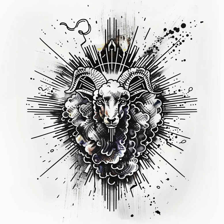 Ram skull with floral accents in black and grey; pattern ink splatter, cover-up suitable, project idea.