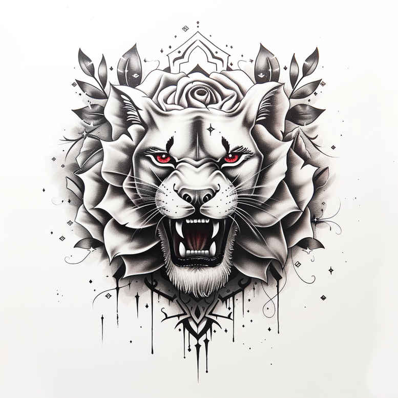 Tiger head with roses in black and grey; AI-generated tattoo project; cover-up-ready.