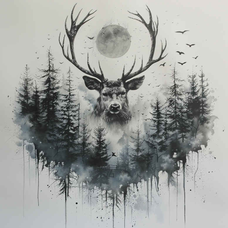 Stag head with antlers rising from dark forest silhouettes beneath a pale moon; black and grey tattoo design concept, cover-up-ready.