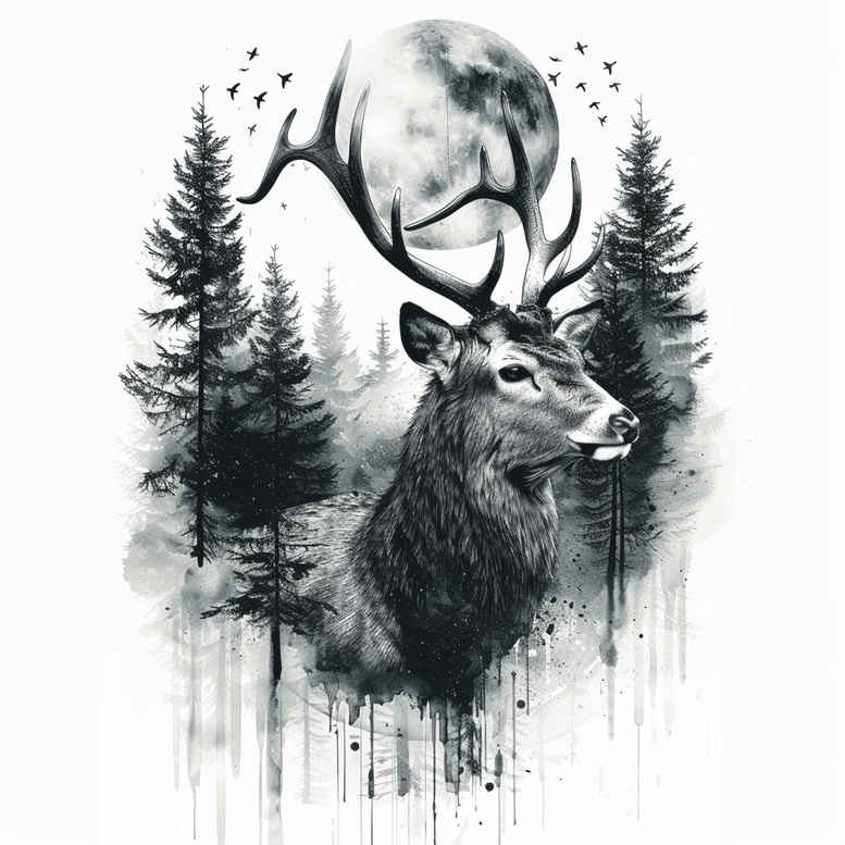Deer head with antlers, pine trees, and watercolor black and grey drips; a tattoo project idea, suitable for cover-up.