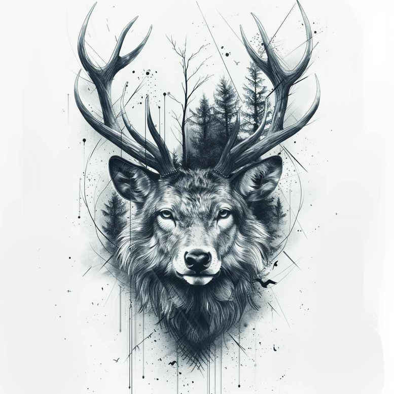 Deer head with antlers, black and grey watercolor splashes and drips; tattoo design idea, project in progress, suitable for a cover-up.