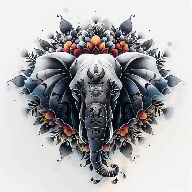 Dragon head in black and grey with orange floral mandala pattern; tattoo project for cover-up.