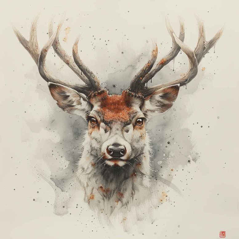 Deer head with antlers in watercolor style with orange-brown fur and soft grey shading; a tattoo project idea, not specifically for cover-up.