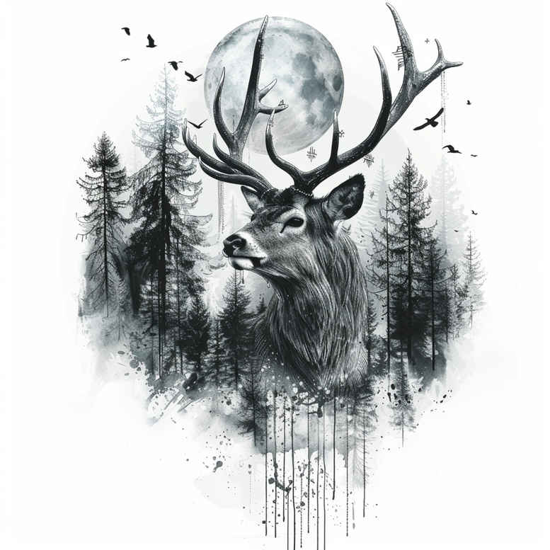 Deer, moon, and forest silhouettes in black and grey; tattoo project, cover-up suitable.