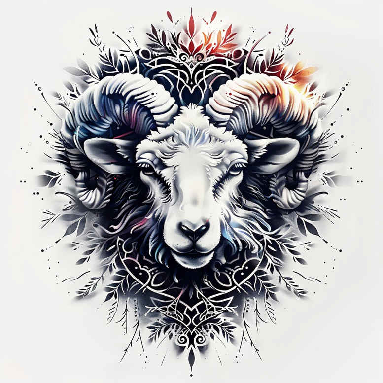 A ram head with curling horns, black and grey shading, framed by a mandala; tattoo design concept for cover-up.