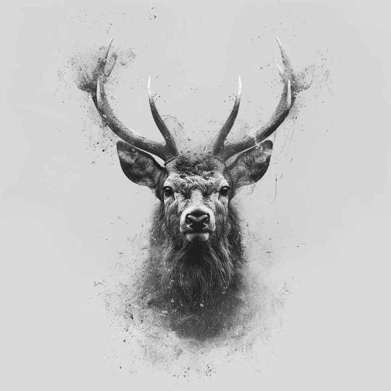 Black and grey stag head with antlers in a sketch style; tattoo design concept, project; suitable for cover-up.