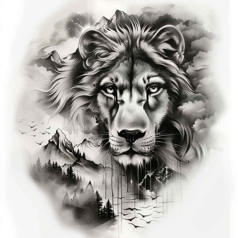 Black and grey wolf head with rugged mountains and water reflection, tattoo design idea for cover-up project.