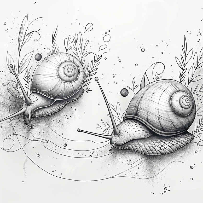 Two black and grey snails with spiral shells among seaweed and bubbles; tattoo design concept, project idea, suitable for cover-up.
