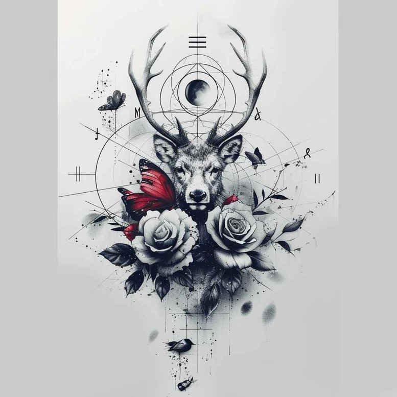 Deer head with antlers, roses, and a moon circle in black and grey; AI-generated tattoo project concept, suitable for cover-up.