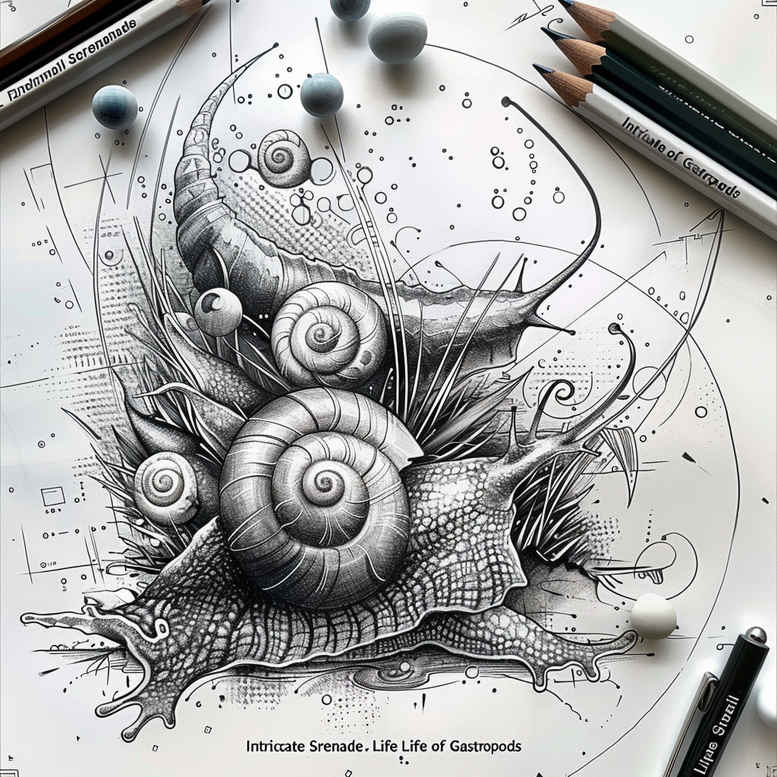 Snail shell with gears and leaves in fine line black-and-grey, a project concept for tattoo design.