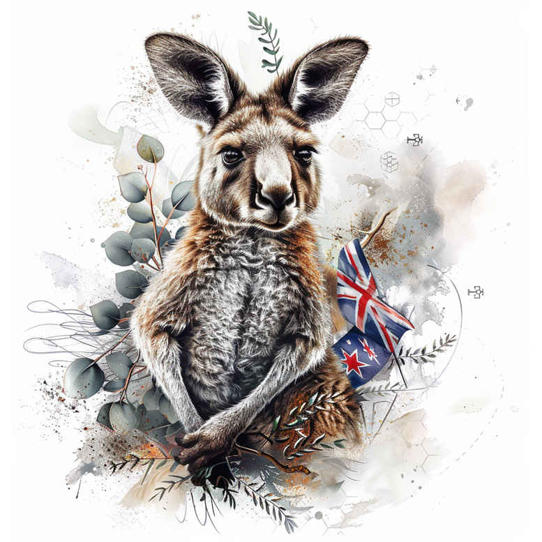 Kangaroo with Australian flag in a watercolor background; full-color tattoo design concept; AI-generated tattoo project idea.