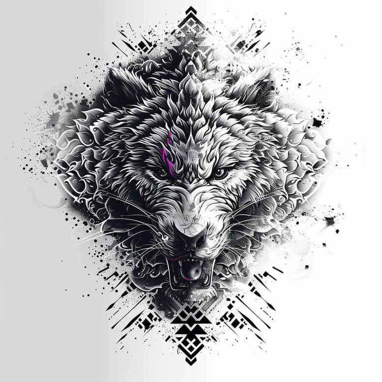 Wolf head with roses and geometric pattern; black and grey with purple gem accent; AI-generated tattoo project; suitable for cover-up.