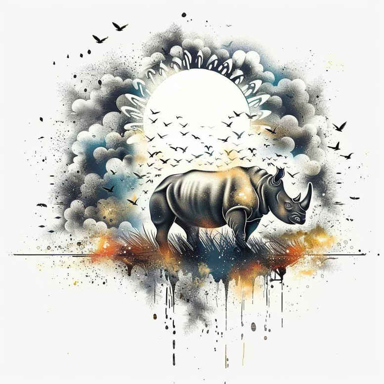 Elephant, moon, clouds, and birds in color watercolor; a project tattoo design suitable for a cover-up.