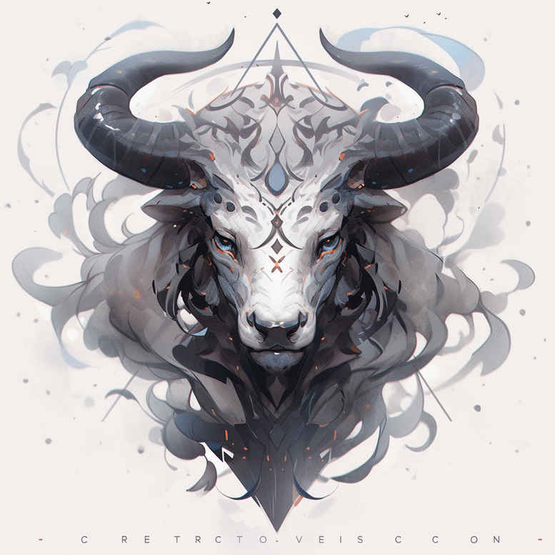 Bull skull with horns and ornamental pattern in black and grey, AI-generated tattoo project, suitable for cover-up.