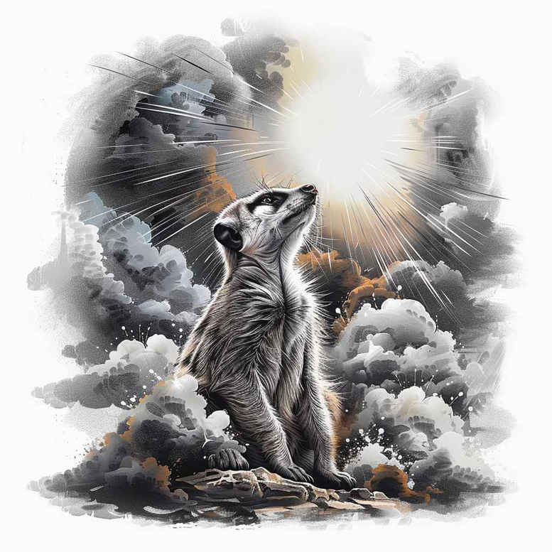 Wolf on rocky outcrop under a cloudy sky with sun rays; black and grey tattoo design idea, a project; not specifically optimized for cover-up.