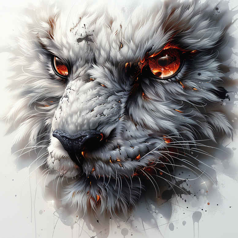 White wolf head close-up in black and grey realism with red eyes; tattoo project idea.