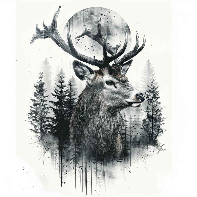 Black and grey stag head with broad antlers, full moon behind, pine forest silhouettes, watercolor drips; tattoo design concept, project idea; cover-up suitable.