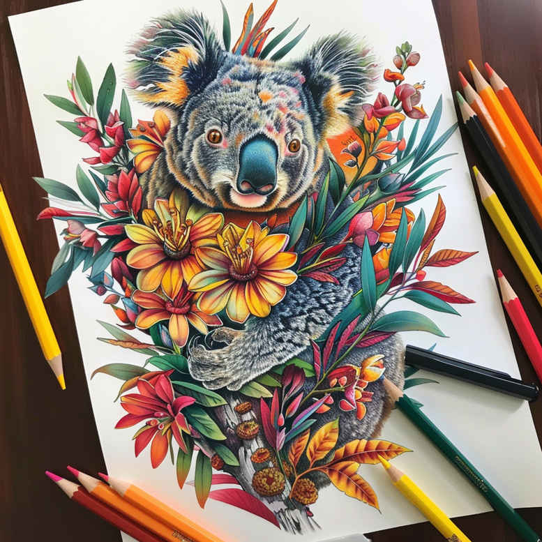 Colorful koala with flowers, leaves, pencils and paper; color tattoo design concept, project idea, not for cover-up.