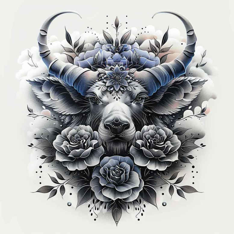 Bull head with curling horns surrounded by roses and leaves in black-and-grey, a realistic tattoo design concept.