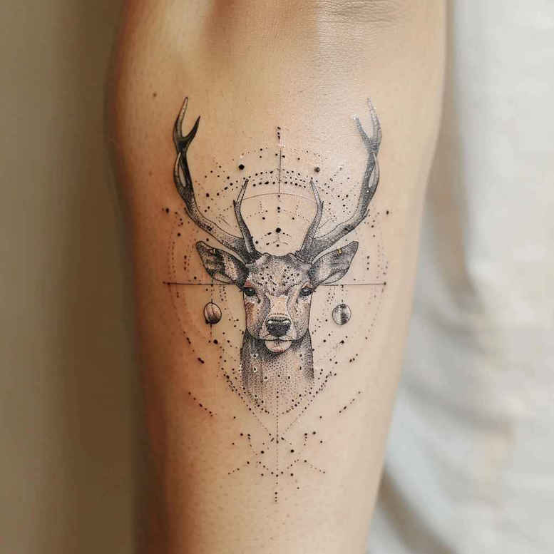 Deer head with antlers in black ink, linework and dotwork details with splatter accents; a tattoo project idea suitable for a cover-up.