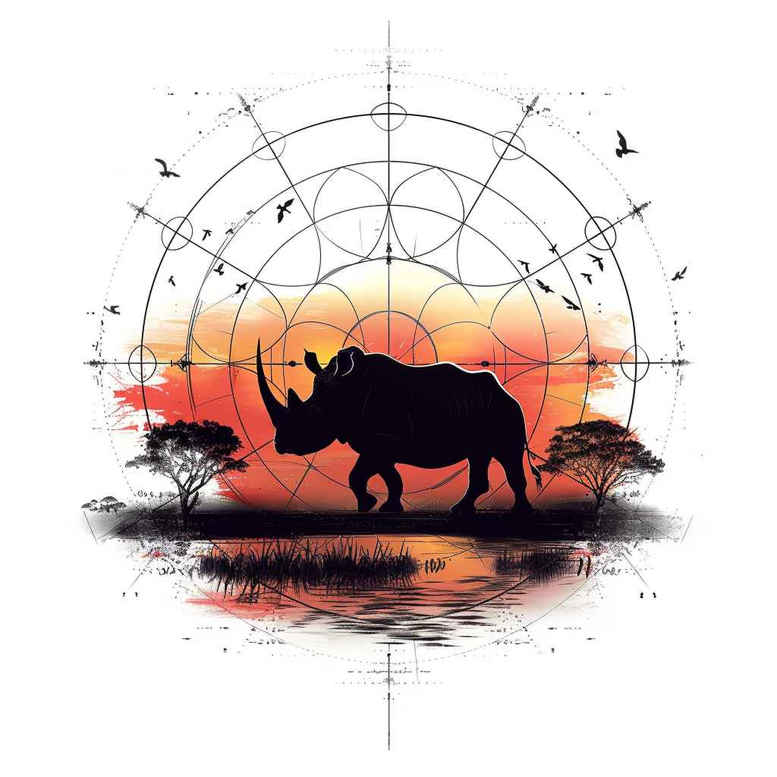 Rhino silhouette with sunset and water, trees, circle and compass overlay; black and orange palette; tattoo design project; suitable for cover-up.