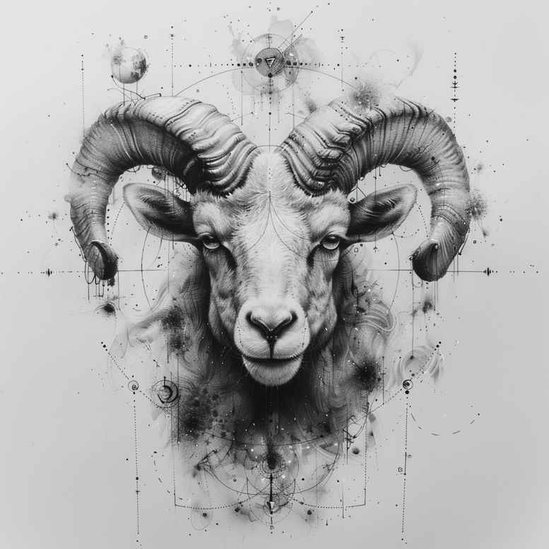 Ram head with curling horns in black and grey, ink splashes around; tattoo design idea for cover-up.