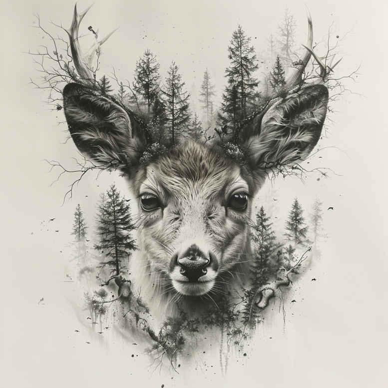 Black and grey deer head with forest backdrop, tree and branch details; tattoo design idea; cover-up-ready project.