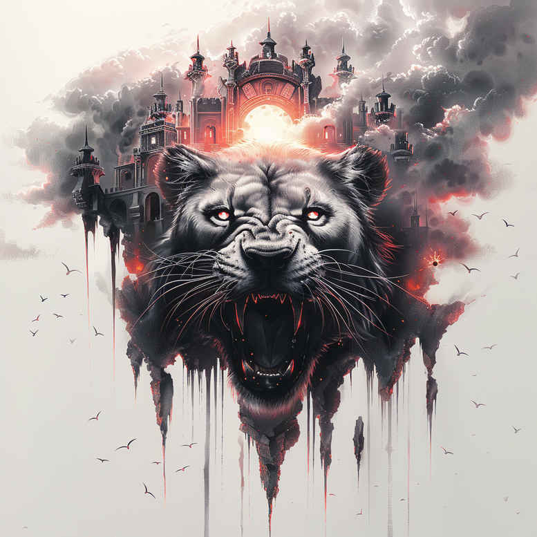 Black and grey tiger head with red-orange flames and a city skyline; AI-generated tattoo project, cover-up ready.