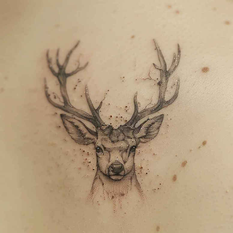 Deer head with antlers rendered in black and grey fine-line tattoo design; sketch-style concept, ready for ink.