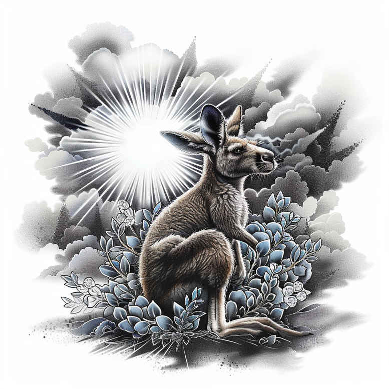 Kangaroo with blue flowers and a white radiant sun in the background, color illustration; project concept; not ideal for cover-up.
