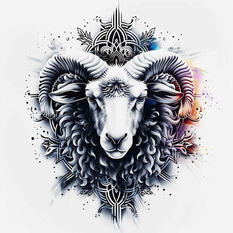 Ram head with curled horns, geometric mandala motifs, black and grey shading with blue, purple, and orange accents; project tattoo idea; suitable for cover-up.