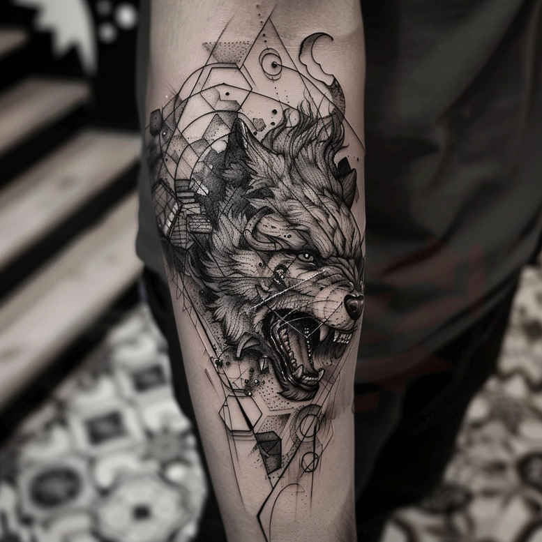 Wolf head in black and grey tattoo design with geometric pattern elements on forearm; cover-up project, suitable for a cover-up.