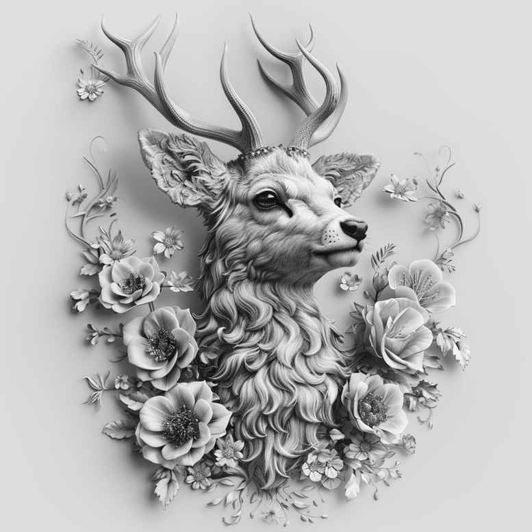 Deer head with roses in black and grey; AI-generated tattoo project concept; suitable for cover-up.