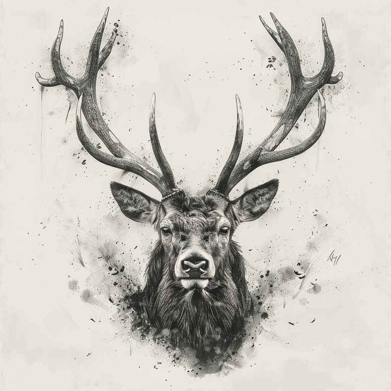 Black and grey deer head with antlers in ink; tattoo design idea, cover-up friendly project.