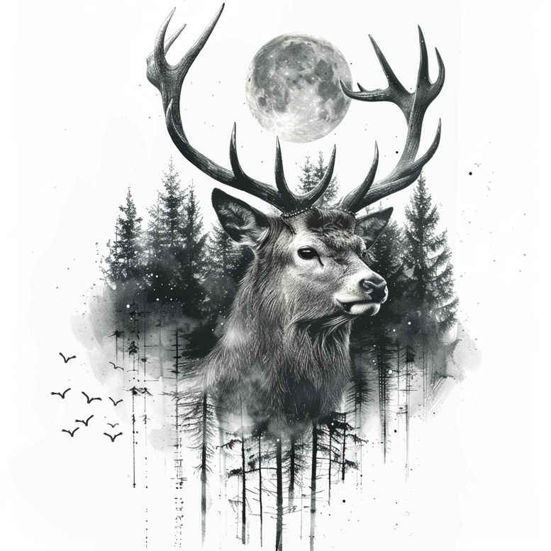 Stag head with antlers, forest backdrop, full moon, and birds in the sky, in black and grey; tattoo design idea, suitable for cover-up.