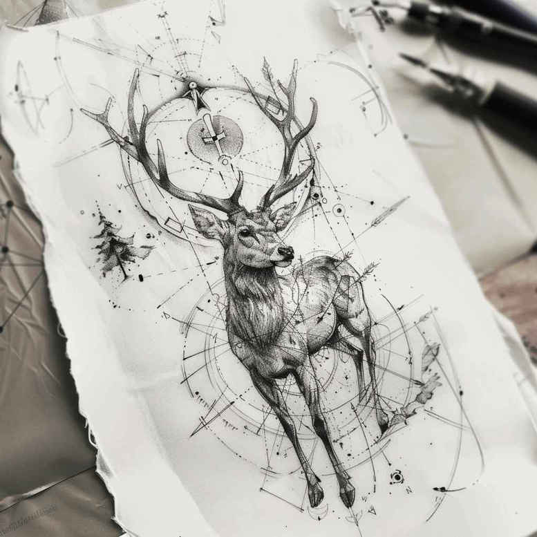 Black and grey deer head with sprawling antlers forming a circular dreamcatcher, subtle web lines, and shading; tattoo design concept, project idea, suitable for a cover-up.