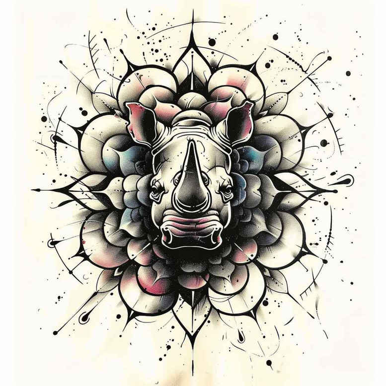 Skull of a boar in black and grey, surrounded by lotus petals and a geometric mandala pattern; a cover-up tattoo project idea.