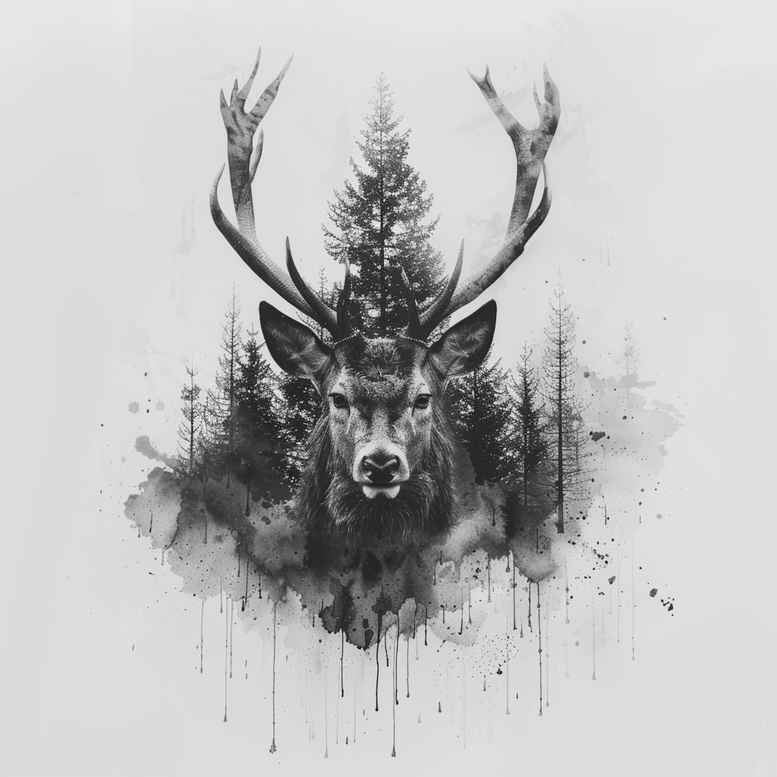 Deer head with antlers, pine trees, and watercolor splatter in black and grey; tattoo project idea, suitable for cover-up.